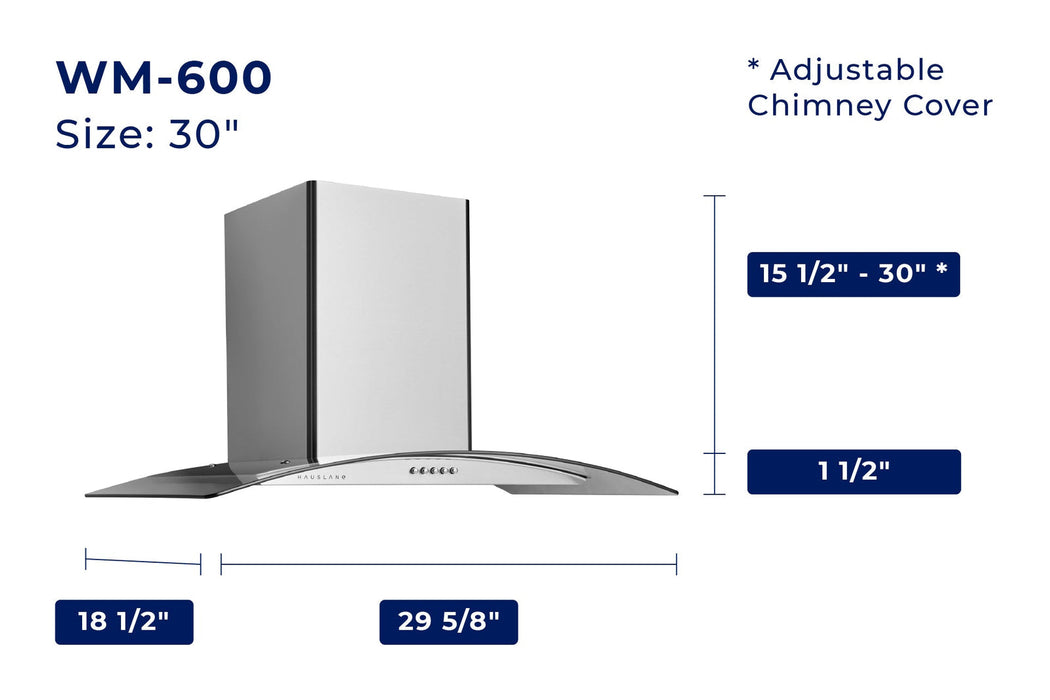 Hauslane 30 in. Wall Mount Range Hood with Tempered Glass and Stainless Steel (WM-600SS-30)