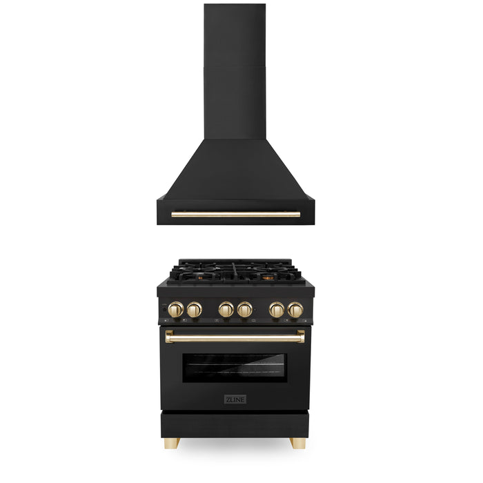 ZLINE 30" Autograph Edition Kitchen Package with Black Stainless Steel Dual Fuel Range and Range Hood with Polished Gold Accents (2AKP-RABRH30-G)