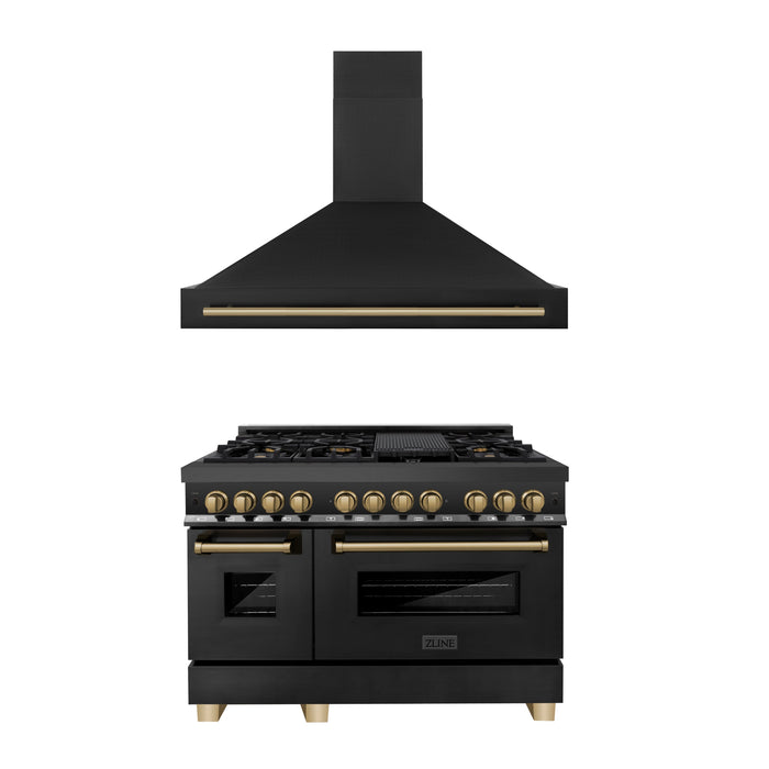 ZLINE 48 in. Autograph Edition Kitchen Package with Black Stainless Steel Dual Fuel Range and Range Hood with Champagne Bronze Accents (2AKP-RABRH48-CB)