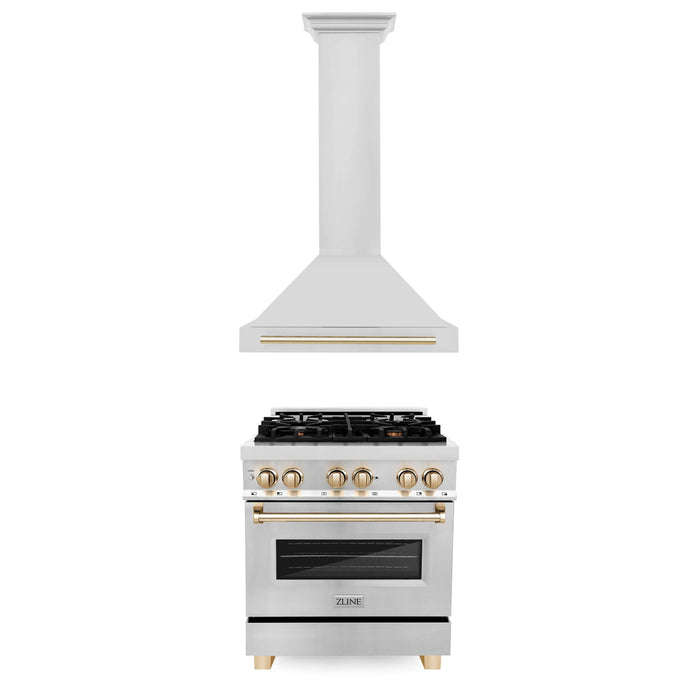 ZLINE 30 in. Autograph Edition Kitchen Package with Stainless Steel Dual Fuel Range and Range Hood with Polished Gold Accents (2AKP-RARH30-G)