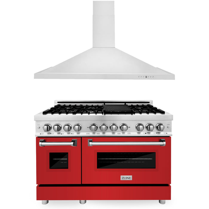 ZLINE 48 in. Kitchen Package with Stainless Steel Dual Fuel Range with Red Matte Door and Convertible Vent Range Hood (2KP-RARMRH48)