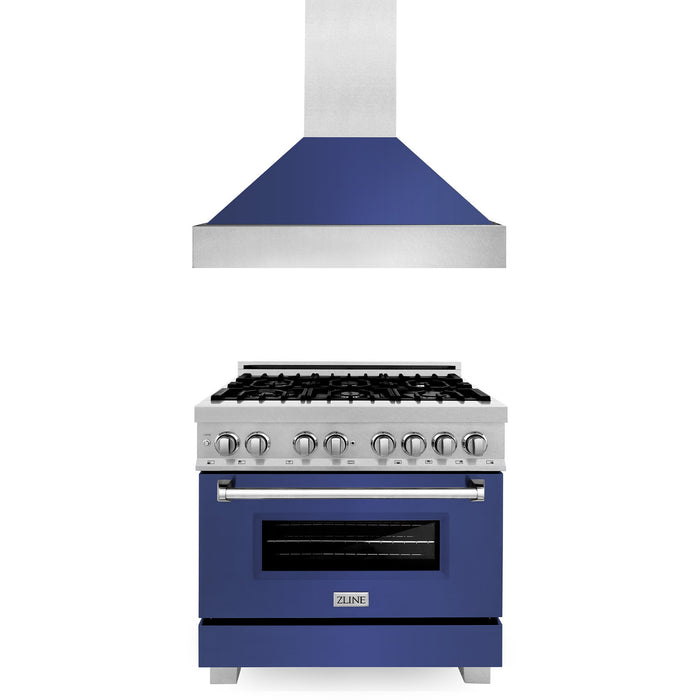 ZLINE 36 in. Kitchen Package with DuraSnow Stainless Steel Dual Fuel Range with Blue Matte Door and Convertible Vent Range Hood (2KP-RASBMRH36)