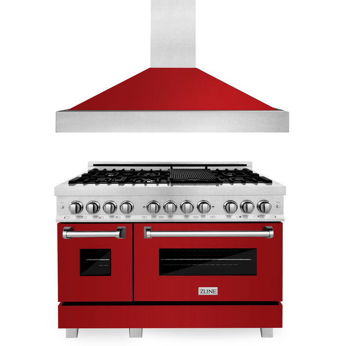 ZLINE 48 in. Kitchen Package with DuraSnow Stainless Steel Dual Fuel Range with Red Gloss Door and Convertible Vent Range Hood (2KP-RASRGRH48)