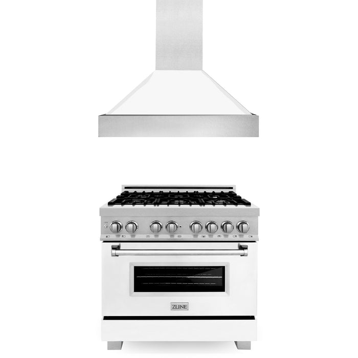 ZLINE 36 in. Kitchen Package with DuraSnow Stainless Steel Dual Fuel Range with White Matte Door and Convertible Vent Range Hood (2KP-RASWMRH36)