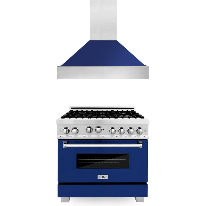 ZLINE 36 in. Kitchen Package with DuraSnow Stainless Steel Gas Range with Blue Gloss Door and Convertible Vent Range Hood (2KP-RGSBGRH36)