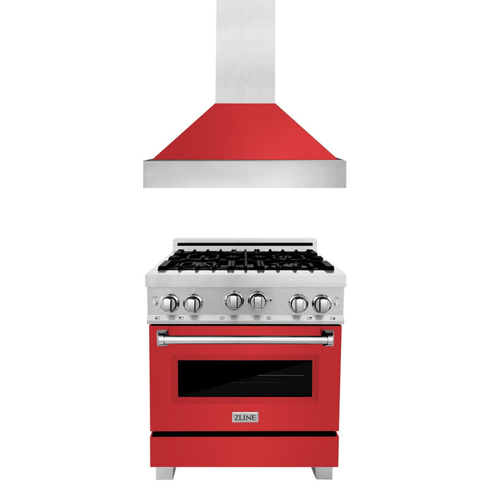 ZLINE 30 in. Kitchen Package with ZLINE DuraSnow Stainless Steel Gas Range with Red Matte Door and Convertible Vent Range Hood (2KP-RGSRMRH30)