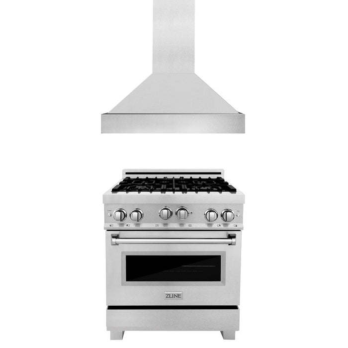 ZLINE 30 in. Kitchen Package with DuraSnow Stainless Steel Gas Range and Convertible Vent Range Hood (2KP-RGSSNRH30)