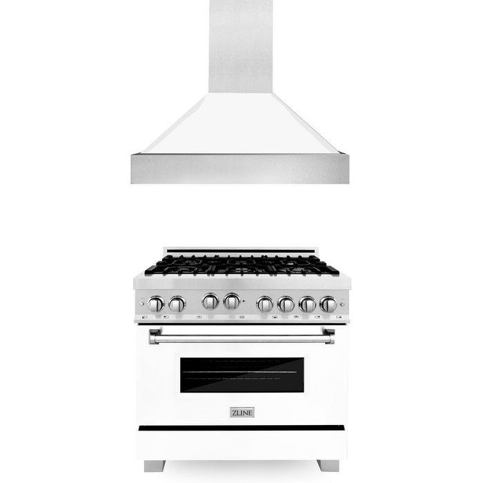 ZLINE 36 in. Kitchen Package with DuraSnow Stainless Steel Gas Range with White Matte Door and Convertible Vent Range Hood (2KP-RGSWMRH36)