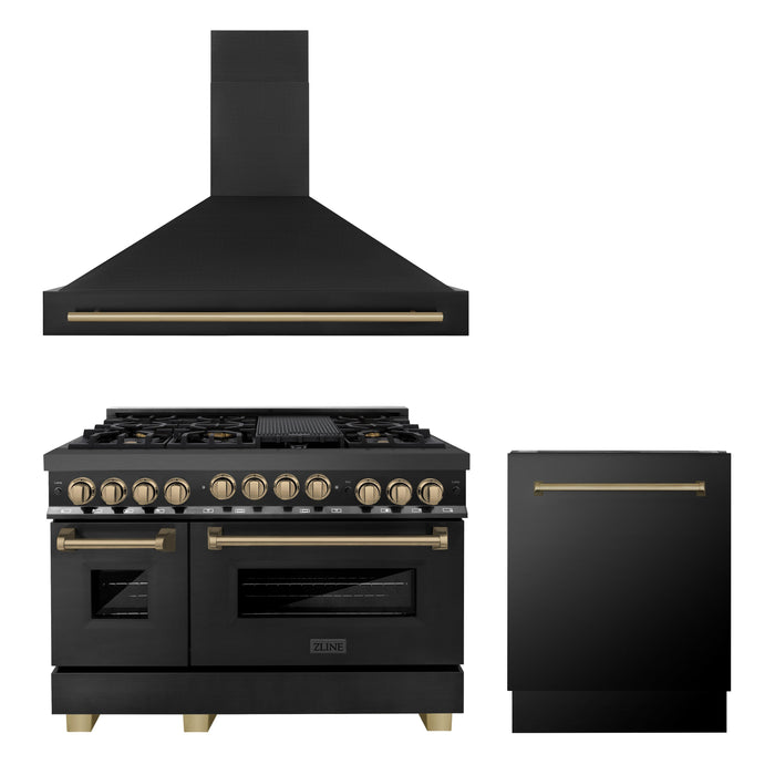 ZLINE 48 in. Autograph Edition Kitchen Package with Black Stainless Steel Gas Range, Range Hood and Dishwasher with Champagne Bronze Accents (3AKPR-RGBRHDWV48-CB)