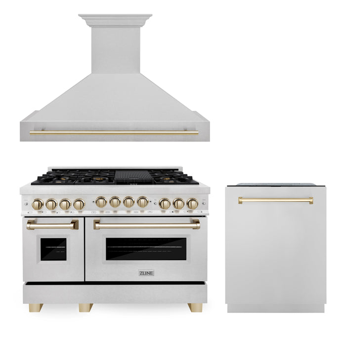 ZLINE 48 in. Autograph Edition Kitchen Package with DuraSnow Stainless Steel Gas Range, Range Hood and Dishwasher with Polished Gold Accents (3AKPR-RGSRHDWM48-G)