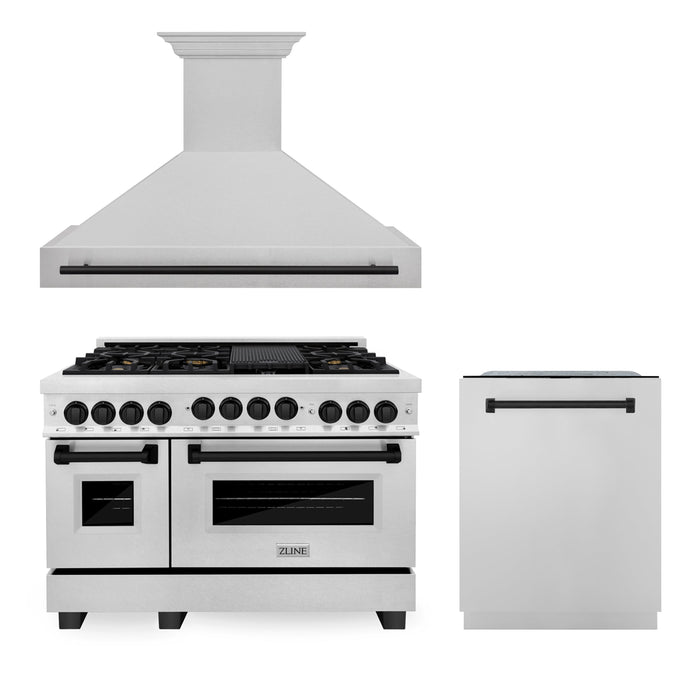 ZLINE 48 in. Autograph Edition Kitchen Package with DuraSnow Stainless Steel Gas Range, Range Hood and Dishwasher with Matte Black Accents (3AKPR-RGSRHDWM48-MB)