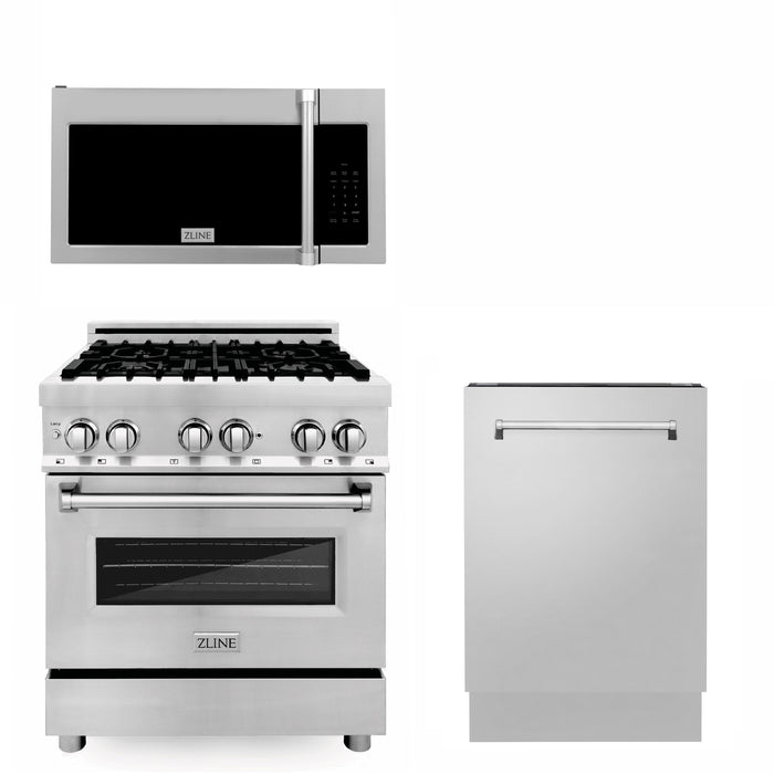 ZLINE 30 in. Kitchen Package with Stainless Steel Dual Fuel Range, Traditional Over The Range Microwave and Tall Tub Dishwasher (3KP-RAOTRH30-DWV)