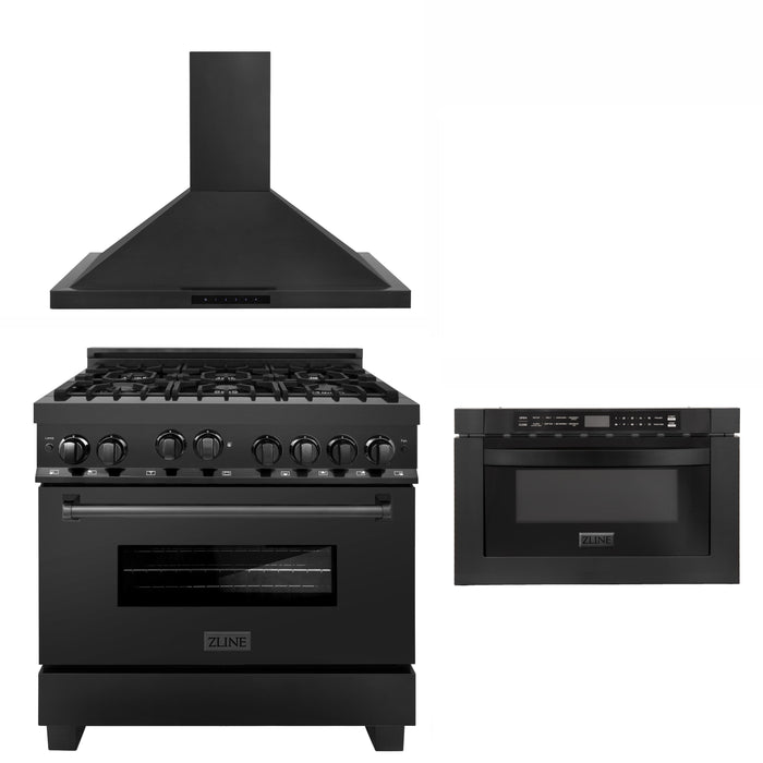 ZLINE 36 in. Kitchen Package with Black Stainless Steel Gas Range, Convertible Vent Range Hood and Microwave Drawer(3KP-RGBRH36-MW)