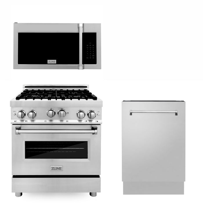 ZLINE 30 in. Kitchen Package with Stainless Steel Gas Range, Traditional Over The Range Microwave and Tall Tub Dishwasher(3KP-RGOTRH30-DWV)