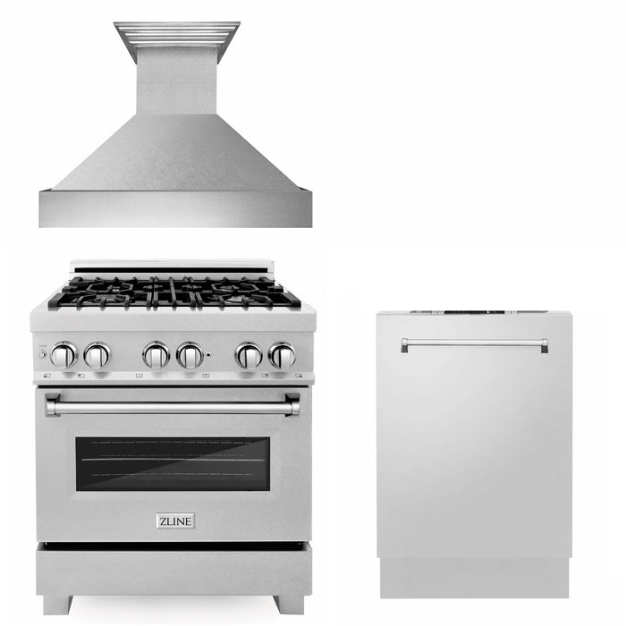 ZLINE 30 in. Kitchen Package with DuraSnow Stainless Steel Gas Range, Ducted Range Hood and Tall Tub Dishwasher(3KP-RGSRH30-DWV)