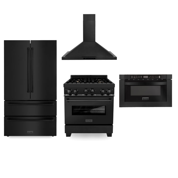 ZLINE Kitchen Package with Refrigeration, 30 in. Black Stainless Steel Gas Range, 30 in. Convertible Vent Range Hood and Microwave Drawer (4KPR-RGBRH30-MW)