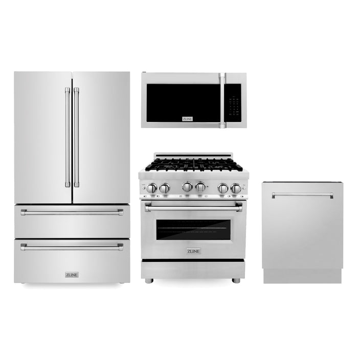 ZLINE Kitchen Package with Refrigeration, 30 in. Stainless Steel Gas Range, 30 in. Traditional Over The Range Microwave and 24 in. Tall Tub Dishwasher (4KPR-RGOTRH30-DWV)