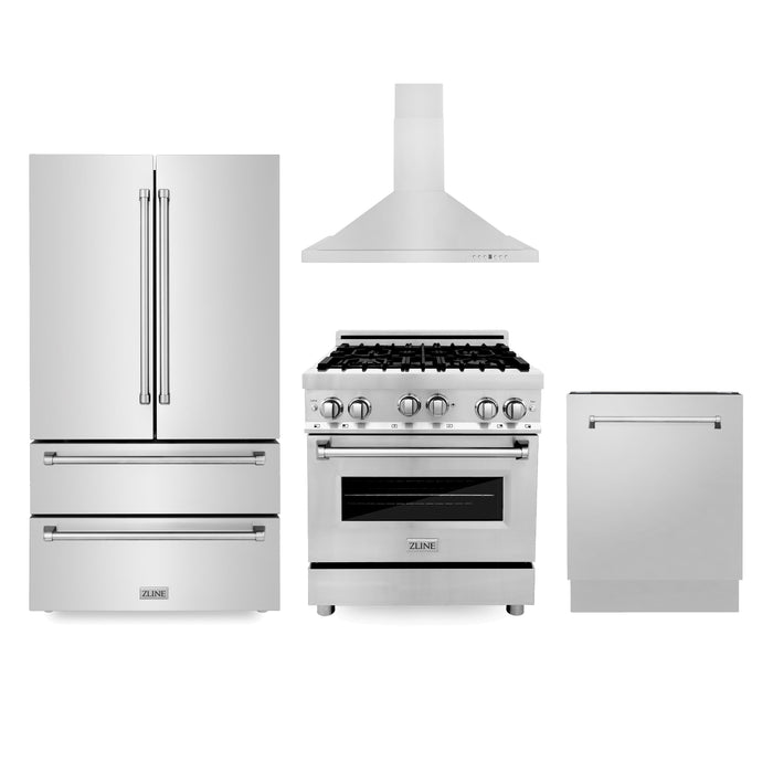 ZLINE Kitchen Package with Refrigeration, 30 in. Stainless Steel Gas Range, 30 in. Convertible Vent Range Hood and 24 in. Tall Tub Dishwasher (4KPR-RGRH30-DWV)