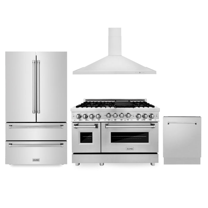 ZLINE Kitchen Package with Refrigeration, 48 in. Stainless Steel Gas Range, 48 in. Convertible Vent Range Hood and 24 in. Tall Tub Dishwasher (4KPR-RGRH48-DWV)