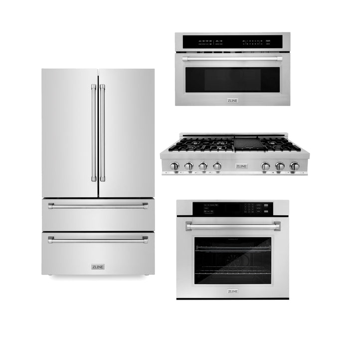 ZLINE Kitchen Package with Refrigeration, 48 in. Stainless Steel Rangetop, 30 in. Single Wall Oven, 30 in. Microwave Oven (4KPR-RT48-MWAWS)