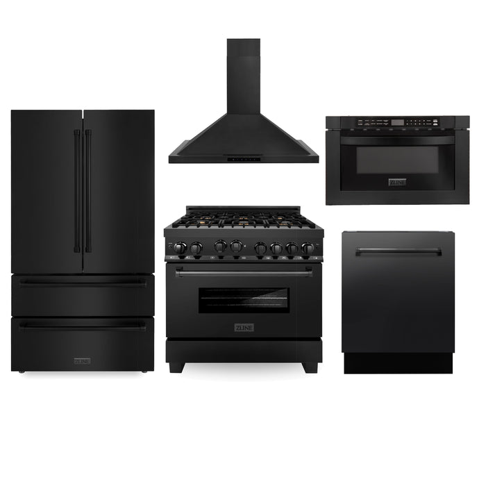ZLINE Kitchen Package with Black Stainless Steel Refrigeration, 36 in. Gas Range, 36 in. Range Hood, Microwave Drawer, and 24 in. Tall Tub Dishwasher (5KPR-RGBRH36-MWDWV)