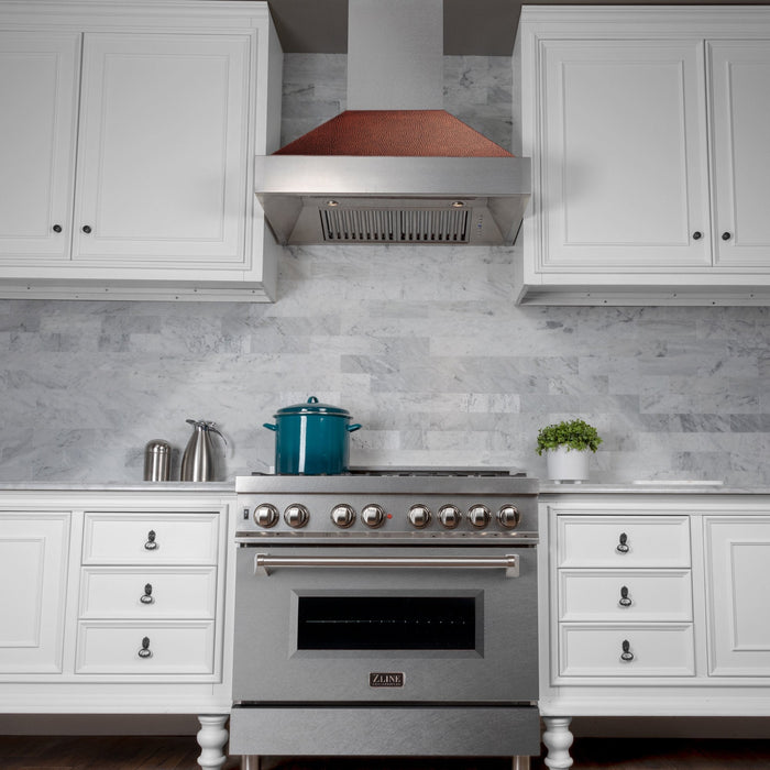 ZLINE Ducted Fingerprint Resistant Stainless Steel Range Hood with Hand-Hammered Copper Shell (8654HH)