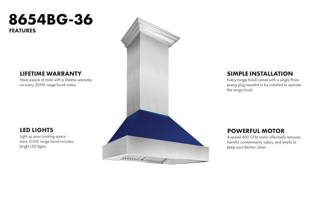 ZLINE Ducted Fingerprint Resistant Stainless Steel Range Hood with Blue Gloss Shell (8654BG)