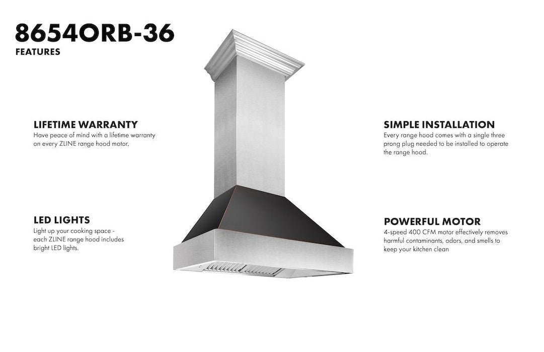 ZLINE Ducted Fingerprint Resistant Stainless Steel Range Hood with Oil Rubbed Bronze Shell (8654ORB)