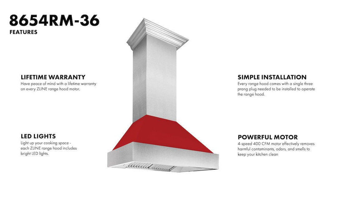 ZLINE Ducted Fingerprint Resistant Stainless Steel Range Hood with Red Matte Shell (8654RM)