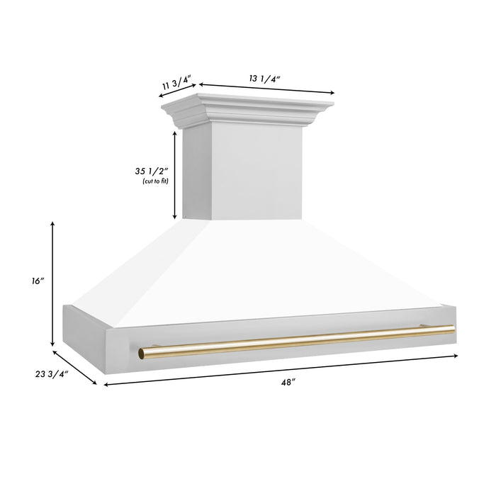 ZLINE 48 in. Autograph Edition Kitchen Package with Stainless Steel Dual Fuel Range with White Matte Door and Range Hood with Polished Gold Accents (2AKP-RAWMRH48-G)