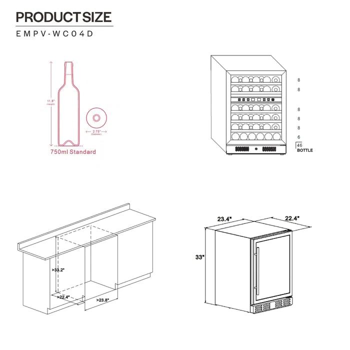 Empava 24" 46 Bottle Dual Zone Wine and Beverage Cooler, EMPV-WC04D