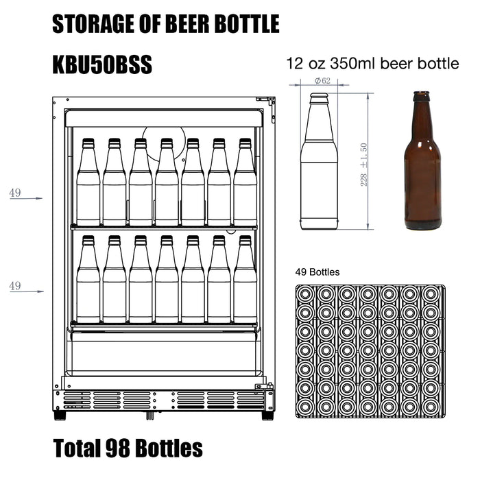 KingsBottle 24" Under Counter Beer Cooler Fridge Built In - KBU50BX