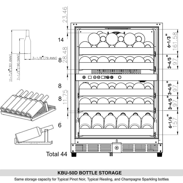 KingsBottle 24" Under Counter Dual Zone Wine Cooler Drinks 44 Bottles - KBU50DX