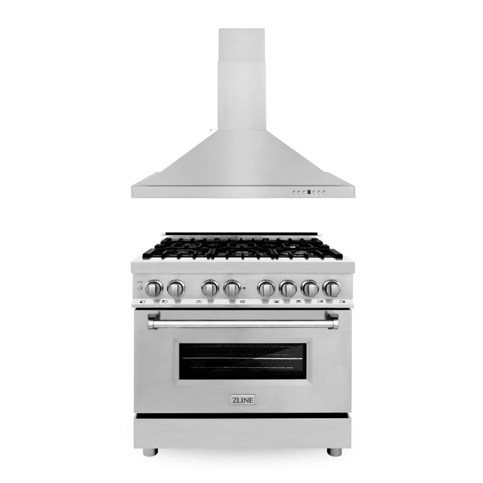 ZLINE 36 in. Kitchen Package with Stainless Steel Dual Fuel Range and Convertible Vent Range Hood (2KP-RARH36)