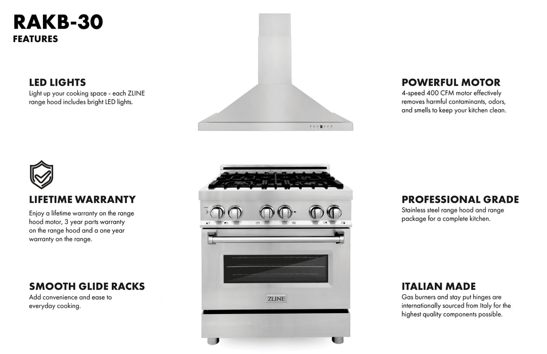 ZLINE 30 in. Kitchen Package with Stainless Steel Dual Fuel Range and Convertible Vent Range Hood (2KP-RARH30)