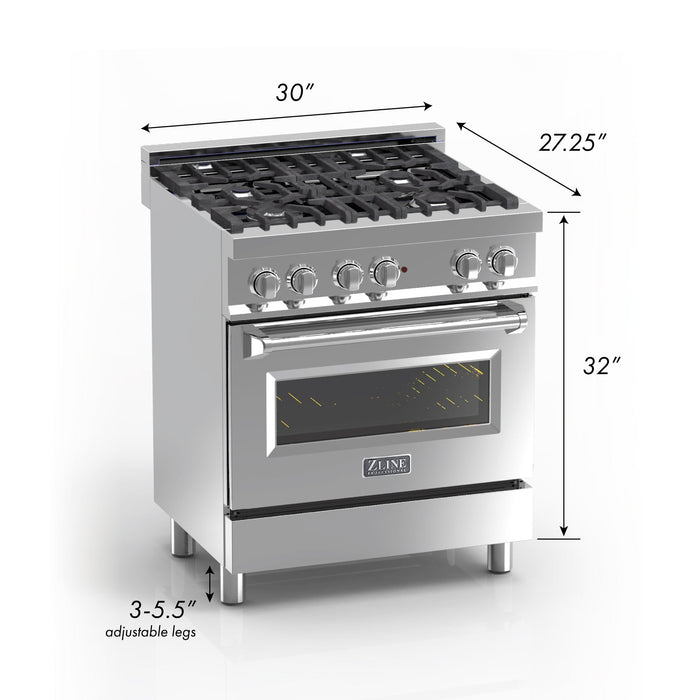 ZLINE 30 in. Kitchen Package with DuraSnow Stainless Steel Dual Fuel Range with Blue Gloss Door and Convertible Vent Range Hood