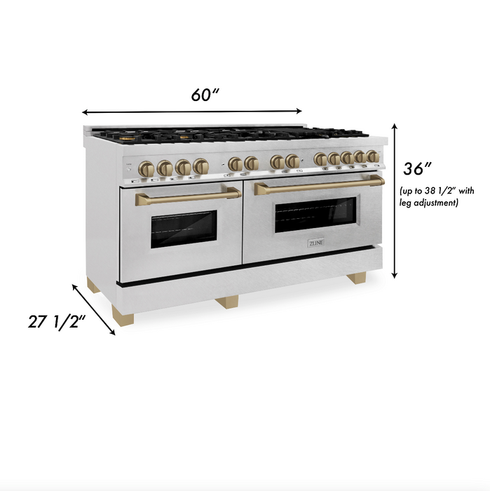 ZLINE Autograph Edition 60 in. 7.4 cu. ft. Dual Fuel Range with Gas Stove and Electric Oven in DuraSnow Stainless Steel with Champagne Bronze Accents (RASZ-SN-60-CB)