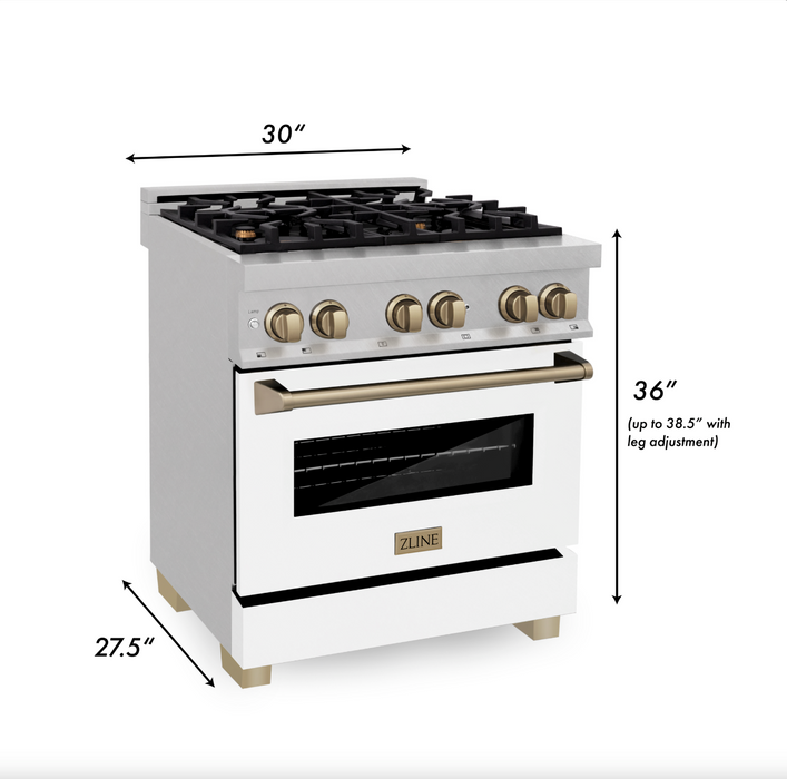 ZLINE Autograph Edition 30 in. 4.0 cu. ft. Dual Fuel Range with Gas Stove and Electric Oven in Fingerprint Resistant Stainless Steel with White Matte Door and Champagne Bronze Accents (RASZ-WM-30-CB)