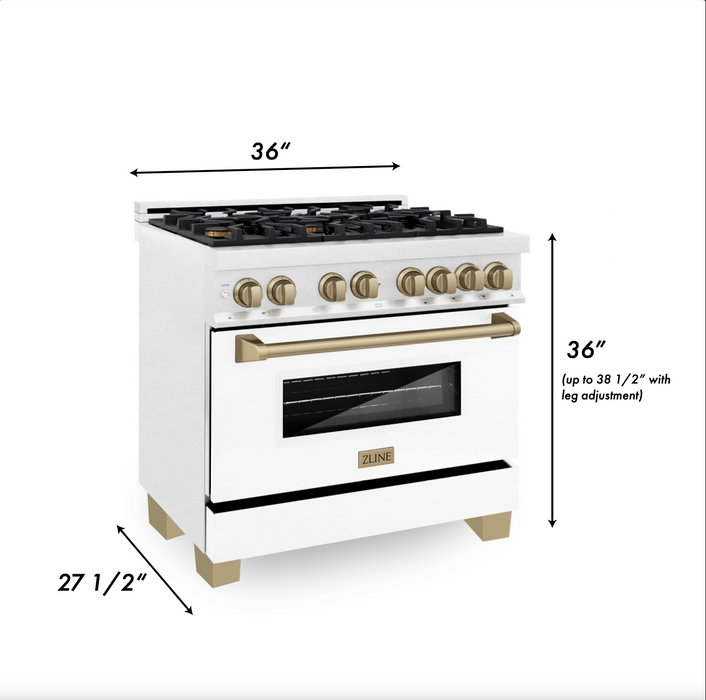 ZLINE Autograph Edition 36 in. 4.6 cu. ft. Dual Fuel Range with Gas Stove and Electric Oven in DuraSnow Stainless Steel with White Matte Door and Champagne Bronze Accents (RASZ-WM-36-CB)