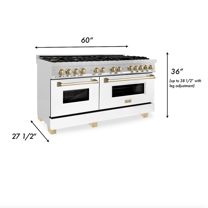 ZLINE Autograph Edition 60 in. 7.4 cu. ft. Dual Fuel Range with Gas Stove and Electric Oven in DuraSnow Stainless Steel with White Matte Door and Polished Gold Accents (RASZ-WM-60-G)