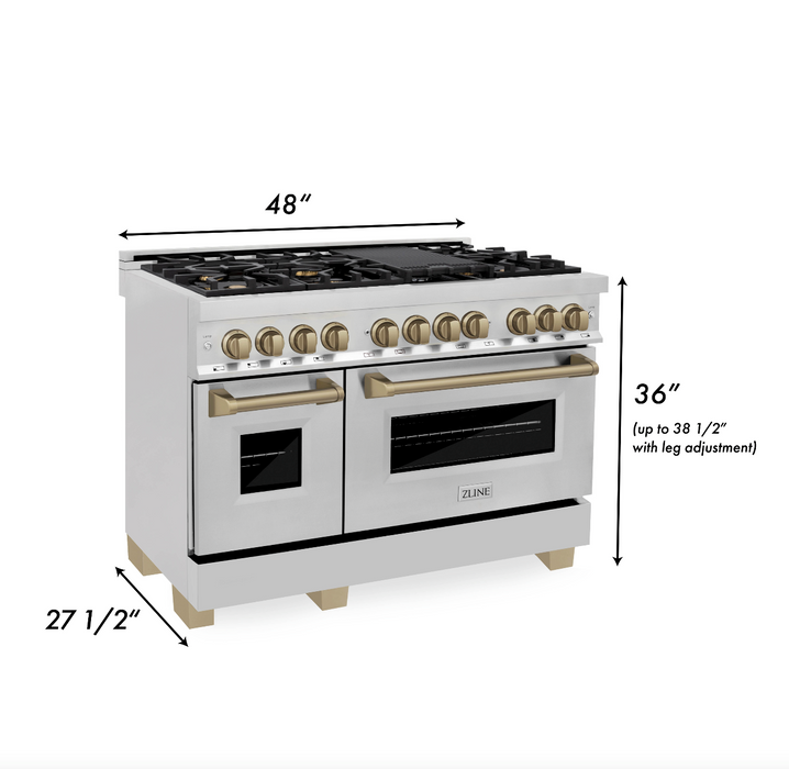 ZLINE Autograph Edition 48 in. 6.0 cu. ft. Dual Fuel Range with Gas Stove and Electric Oven in Stainless Steel with Champagne Bronze Accents (RAZ-48-CB)