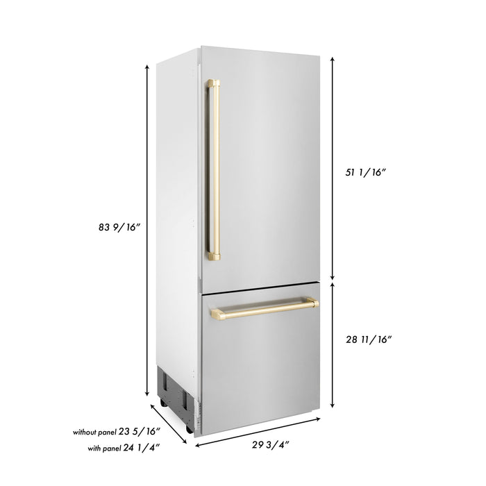 ZLINE 30” Autograph Edition 16.1 cu. ft. Built-in 2-Door Bottom Freezer Refrigerator with Internal Water and Ice Dispenser in Stainless Steel with Polished Gold Accents (RBIVZ-304-30-G)