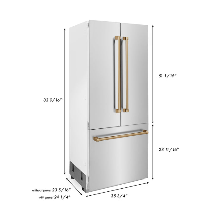 ZLINE 36 in. Autograph Edition 19.6 cu. ft. Built-in 2-Door Bottom Freezer Refrigerator with Internal Water and Ice Dispenser in Stainless Steel with Champagne Bronze Accents (RBIVZ-304-36-CB)