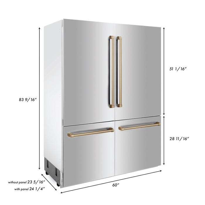 ZLINE 60 in. Autograph Edition 32.2 cu. ft. Built-in 4-Door French Door Refrigerator with Internal Water and Ice Dispenser in Stainless Steel with Champagne Bronze Accents (RBIVZ-304-60-CB)