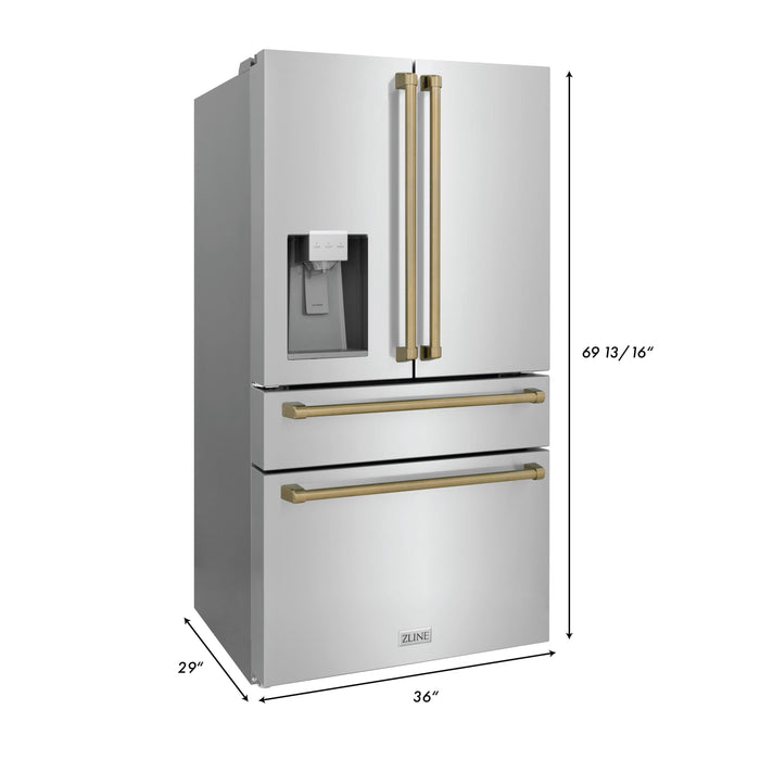 ZLINE 36 in. Autograph Edition 21.6 cu. ft Freestanding French Door Refrigerator with Water Dispenser in Stainless Steel with Champagne Bronze Accents (RFMZ-W-36-CB)