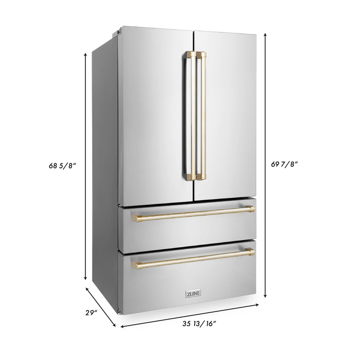 ZLINE 36 in. Autograph Edition 22.5 cu. ft Freestanding French Door Refrigerator with Ice Maker in Fingerprint Resistant Stainless Steel with Polished Gold Accents (RFMZ-36-G)