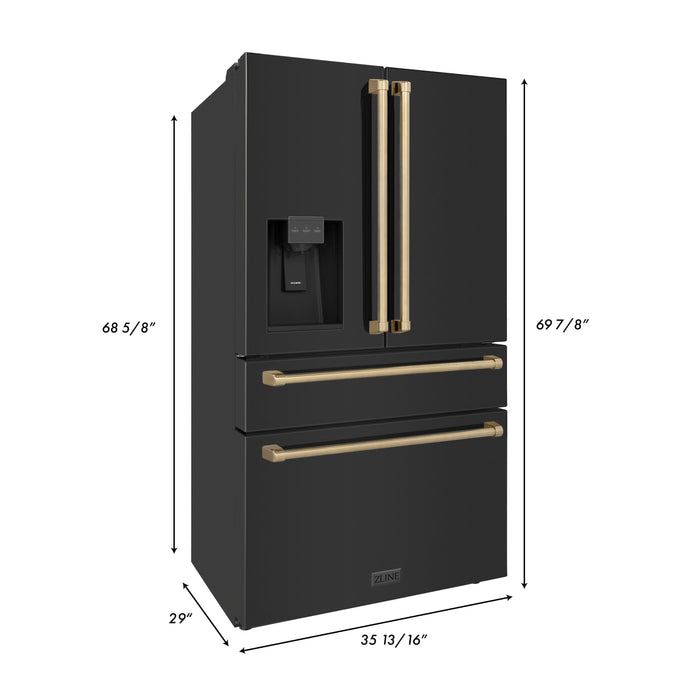 ZLINE 36 in. Autograph Edition 21.6 cu. ft Freestanding French Door Refrigerator with Water and Ice Dispenser in Fingerprint Resistant Black Stainless Steel with Champagne Bronze Accents (RFMZ-W-36-BS-CB)