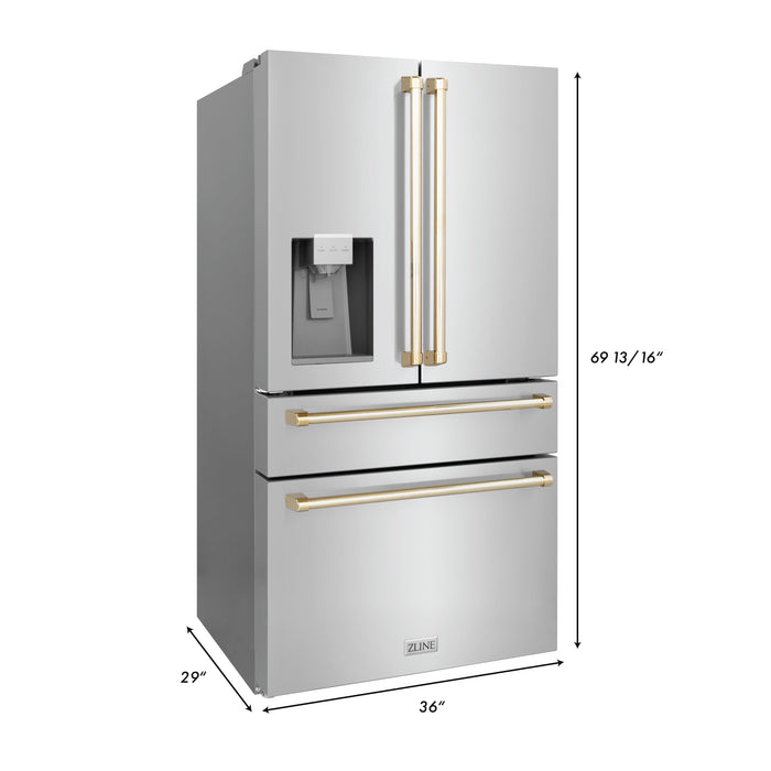 ZLINE 36 in. Autograph Edition 21.6 cu. ft Freestanding French Door Refrigerator with Water Dispenser in Stainless Steel with Polished Gold Accents (RFMZ-W-36-G)