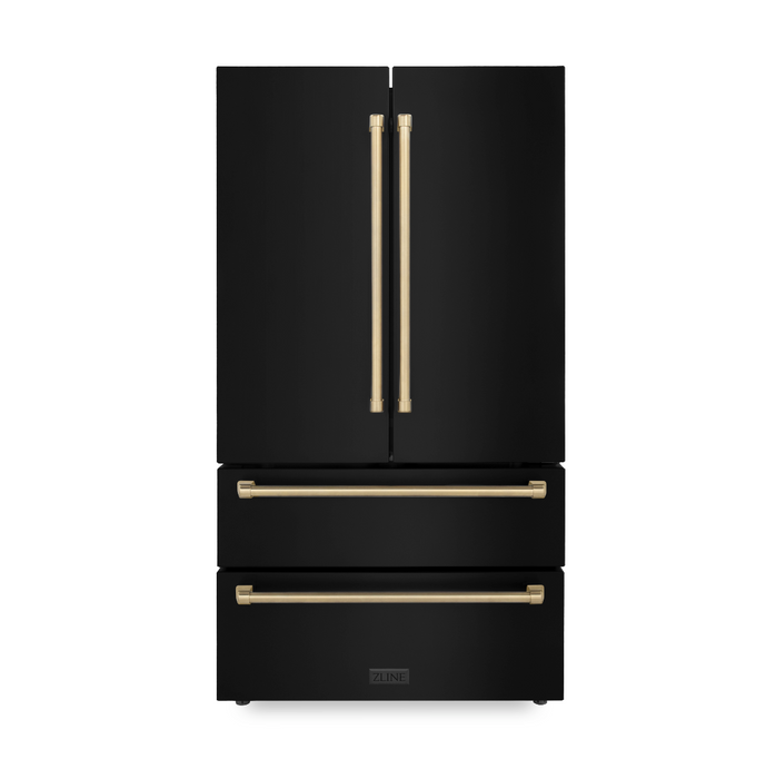 ZLINE 36 in. Autograph Edition 22.5 cu. ft Freestanding French Door Refrigerator with Ice Maker in Fingerprint Resistant Black Stainless Steel with Champagne Bronze Accents (RFMZ-36-BS-CB)