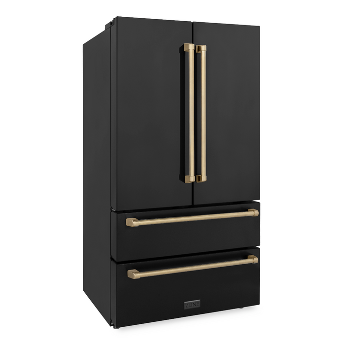 ZLINE 36 in. Autograph Edition 22.5 cu. ft Freestanding French Door Refrigerator with Ice Maker in Fingerprint Resistant Black Stainless Steel with Champagne Bronze Accents (RFMZ-36-BS-CB)